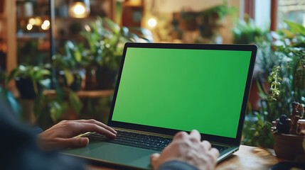 "Remote Work at Home: Unrecognizable Person Using a Green Screen Laptop"