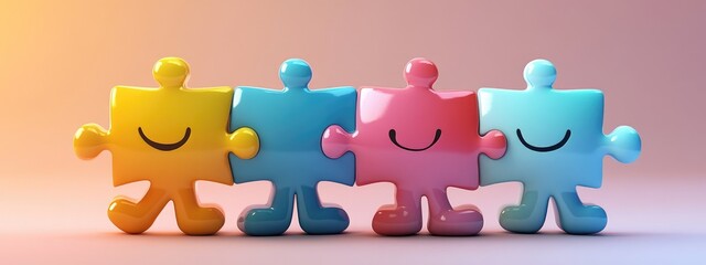 Naklejka premium 3D Cartoon Jigsaw Puzzle Teamwork Connection Concept