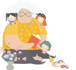 Big grandmother reading book to her grandchildren