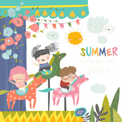 Kids having fun on a carnival carousel. Boys and girl riding on toy horse