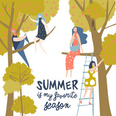 Happy cartoon people sitting on tree. Hello summer