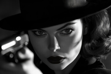 A beautiful 1940s woman pointing a handgun at the camera. Brunette woman in black and white photography. Femme fatale in film noir style.