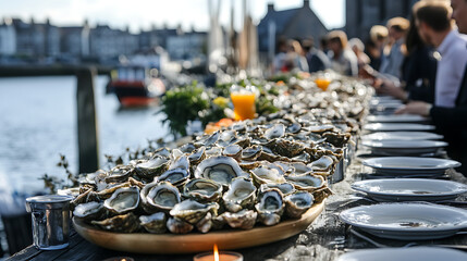 Galway International Oyster Festival: Long Table with Fresh Oysters and Galway City Background
