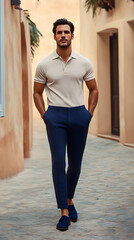 Fototapeta premium Hyper-Realistic Product Shot of Man in Beach Resort Street Style