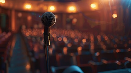 A microphone in focus with a blurred audience in a theater setting.