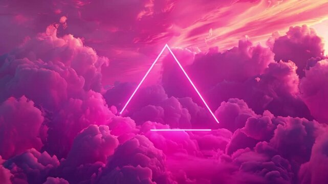 a glowing neon triangle set against a backdrop of vibrant pink and purple clouds - Powered by Adobe