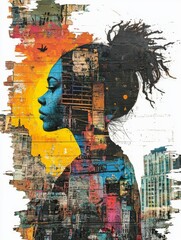 Fototapeta premium Urban Silhouette: A Woman's Profile Amidst Cityscapes