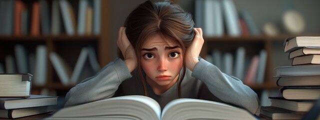 3D Cartoon Image Title Tired Female Student in Gray Shirt with Open Book Looking Exhausted from Studying