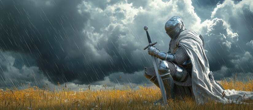 3D cartoon knight kneels in a grassy field with his hand on the sword under a stormy sky