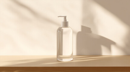 "3D Mockup of Empty Transparent Facial Cleansing Bottle on Beige Wooden Table"