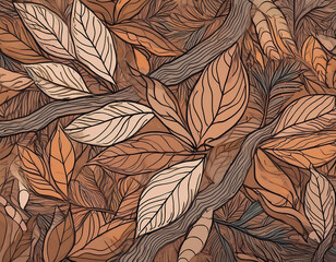 Abstract Forest Floor Illustration with Leaves, Twigs, and Bark in Simplified Shapes and Warm Colors