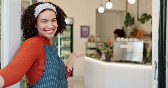 Entrance, smile and welcome with coffee shop waitress in doorway for hospitality or service. Cafe, opening and portrait of confident or happy barista woman in restaurant for small business or startup