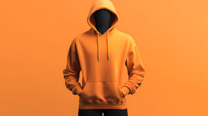 "3D Mockup of Blank Dark Orange Hoodie on Mannequin with Orange Background"