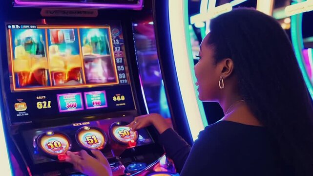 Woman playing slot machine at casino