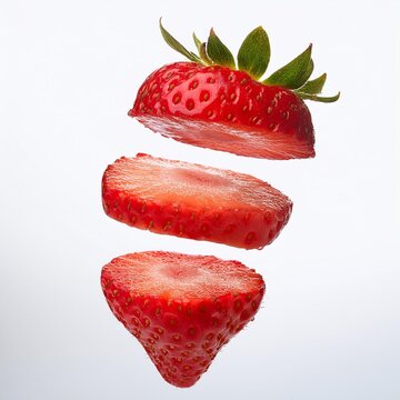 Morango cortado em fatias pulando na tela em fundo transparente PNG 
