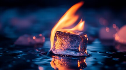 A striking image showcases an ice cube engulfed in vibrant flames, highlighting the intense contrast between fire and ice in a mesmerizing artistic way that captures the viewers attention