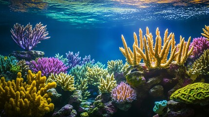 Obraz premium A vibrant underwater scene showcasing colorful coral reefs and marine life.