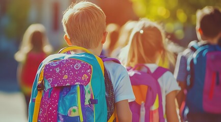 Naklejka premium Back to school concept, happy group of children walking to school. Young girls & boys with backpacks & rucksacks. Inclusive positive education banner