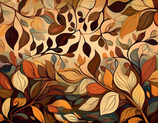 Abstract Forest Floor Illustration with Leaves, Twigs, and Bark in Simplified Shapes and Warm Colors