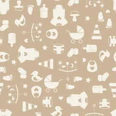 Seamless vector pattern with gender neutral newborn baby accessories, textile, wrapping, scrapbook