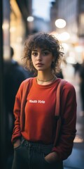 Fototapeta premium Young woman at youth vote rally, wearing red sweater, evening light