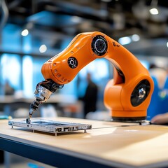 A modern robotic arm on a table working with precision on an electronic component in an advanced tech workspace.