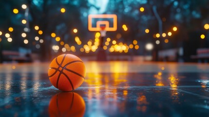Obraz premium An orange basketball rests on a wet court. The glowing hoop is blurred in the background. This vibrant image captures a moment of anticipation. A perfect shot for sports themes. AI