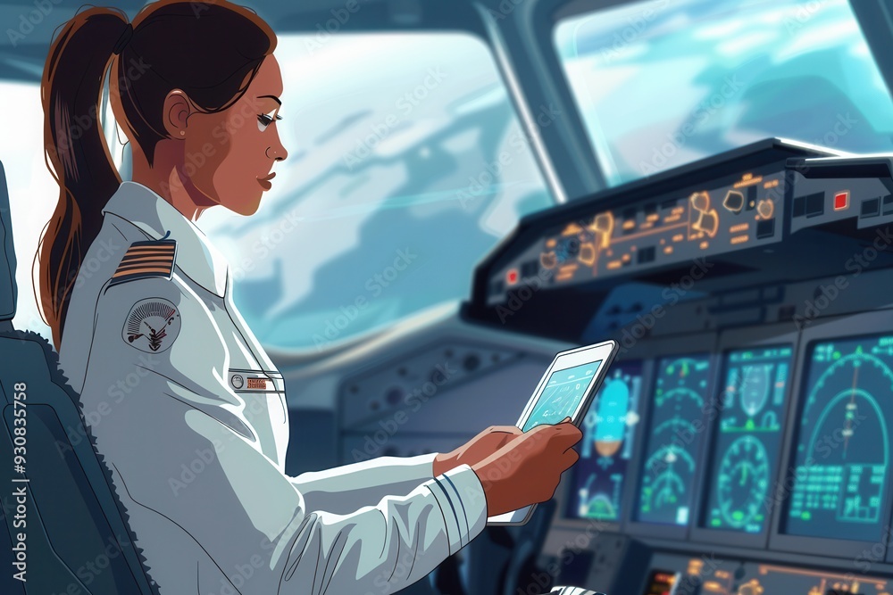 Poster A flight attendant operates a navigation device while seated in the cockpit, assisting with flight management at cruising altitude. Generative AI