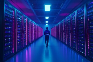 Fototapeta premium Person walking through a neon lit server room representing the future of cloud technology and data management with glowing lights and a high tech environment emphasizing security and innovation