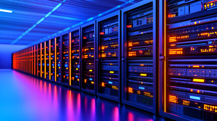 Futuristic server room featuring illuminated racks with colorful lights, showcasing advanced technology and data storage.