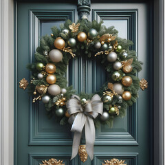 A Fancy Gold Christmas Wreath is Hanging on the Green Front Door