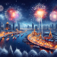 Fireworks Display and Christmas Celebrations and River in an Oil Painting
