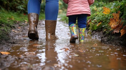 Parent and child walking in rain on muddy path