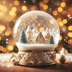 Image of White Snow Globe, Balls in Blured Golden Bokeh Background