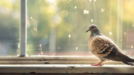Fototapeta premium Pigeon rests on windowsill with sunlit background and blurred foliage.