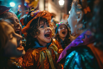 Children in costumes enjoying Halloween night as they laugh and celebrate the fun of trick or treating