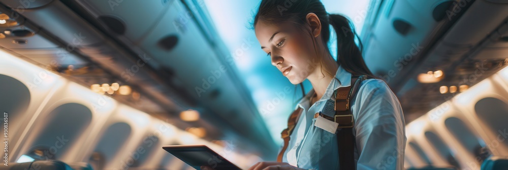 Poster the flight attendant reviews her checklist while standing in the aisle of an airplane, ensuring ever