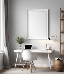 Mockup of a plain white frame in a study interior with rustic decor, 3d rendering