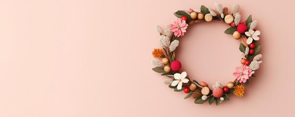 Boho-style Christmas wreath, dried flowers and wooden beads, 3D illustration