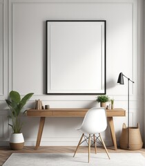 Mockup of a plain white frame in a study interior with rustic decor, 3d rendering