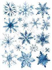 Watercolor Blue Snowflakes on White Background