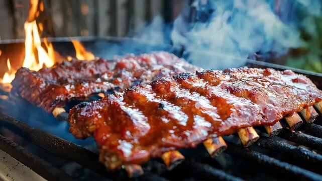 smoky BBQ beef short ribs on  barbecue rack with fire flame and smoke