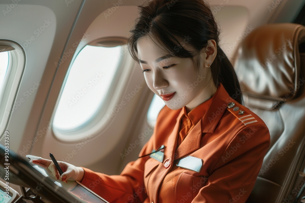 Poster a flight attendant is focused on her tasks while seated at her workstation, preparing for passenger 