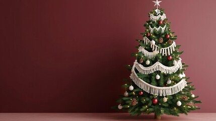 Boho Christmas tree, decorated with macrame and natural fibers, 3D illustration