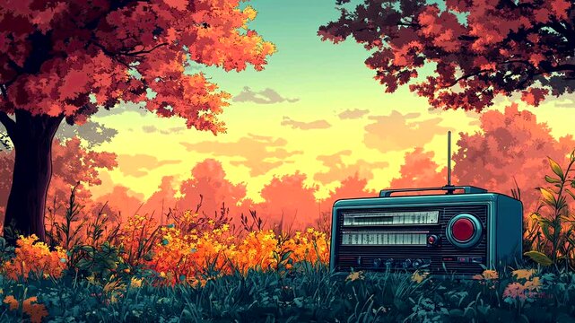 Vintage radio placed in a vibrant autumn field with colorful leaves and a warm sky. Seamless looping 4k time-lapse animation video background.