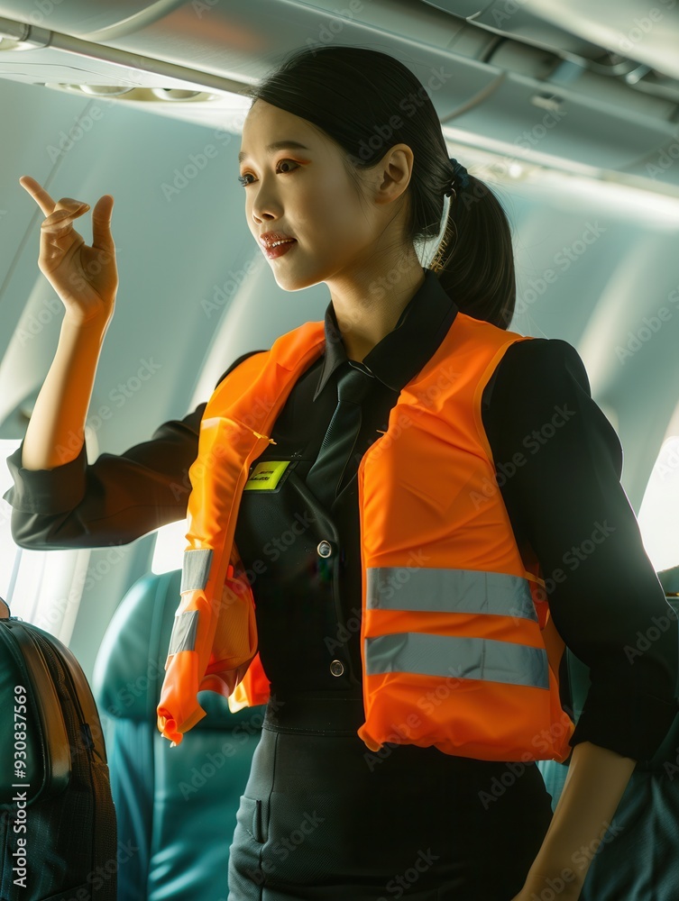 Poster a flight attendant explains safety procedures wearing a life vest, ensuring passengers understand em