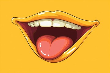 Obraz premium Cartoon mouth with a big smile on a yellow background symbolizing joy positivity and cheerfulness in a playful modern illustration