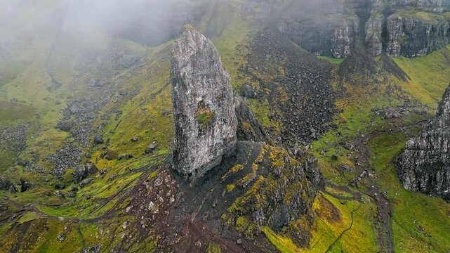 Aerial view of Scenic Old Man of Storr on Isle of Skye, Scotland.  The Storr large standing formation of rock part of the Trotternish ridge. Scottish Highlands, United Kingdom. Landscape of Scotland.