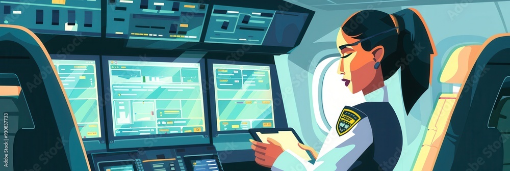 Aufkleber the flight attendant reviews safety protocols and prepares for passenger boarding in a well-equipped