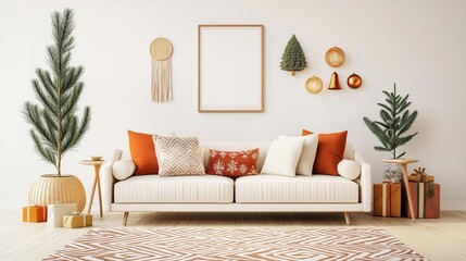 Boho Christmas, living room with eclectic decor, warm and cozy, 3D illustration